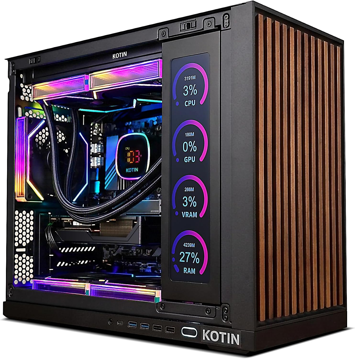 KOTIN Prebuilt Gaming PC, Ryzen 7 9700X, 32GB DDR5, RTX 5060 8GB, 1TB SSD | 360mm Liquid Cooled Gaming Desktop, 11.3in Smart Display, 650W 80+ Gold PSU, WiFi 7, Assembled in USA, Windows 11 ARGB Tower