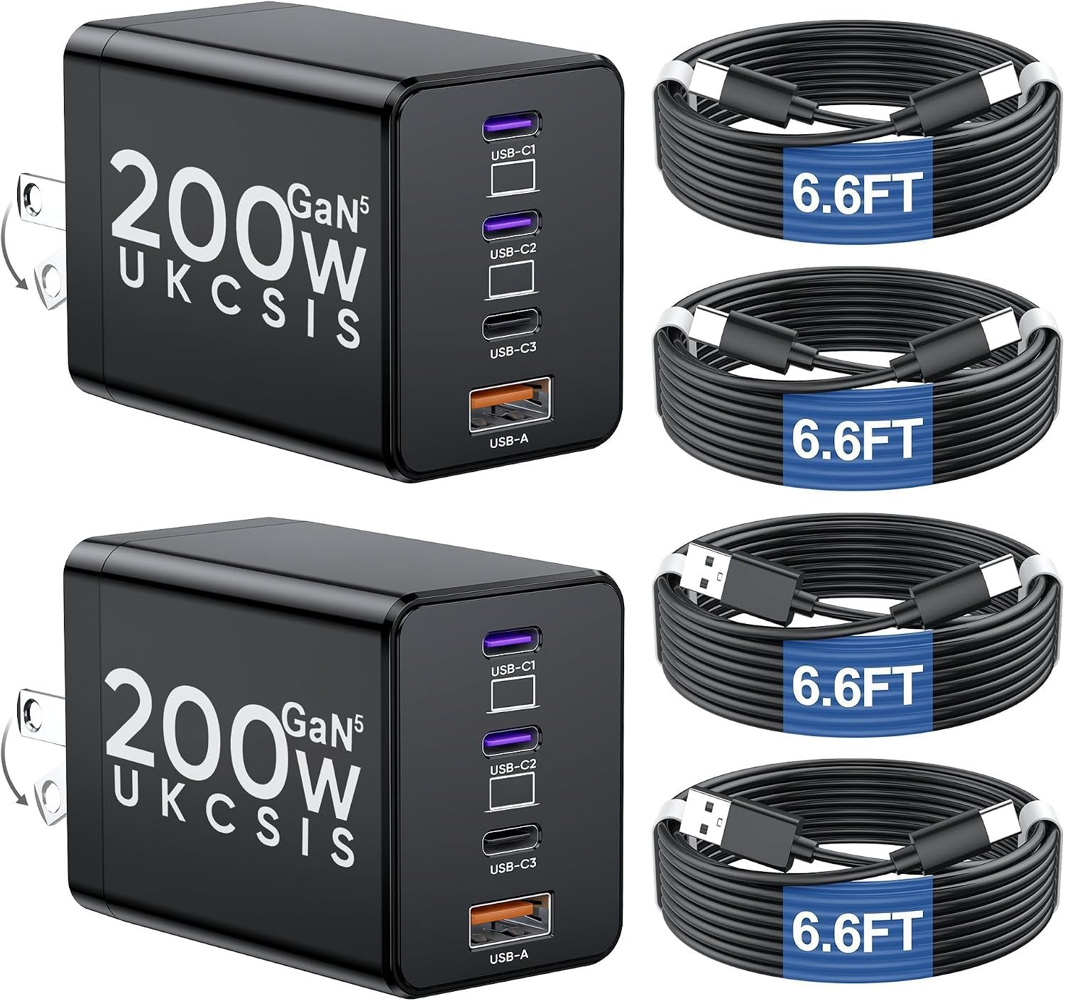 2 Pack 200W USB C Charger Block, Foldable 4-Port GaN5 Super Fast Charger USB C, Dual 65W Type C Charging Block, Laptop Fast Charging Adapter for MacBook Pro/Air, iPad, iPhone, Samsung Galaxy Black
