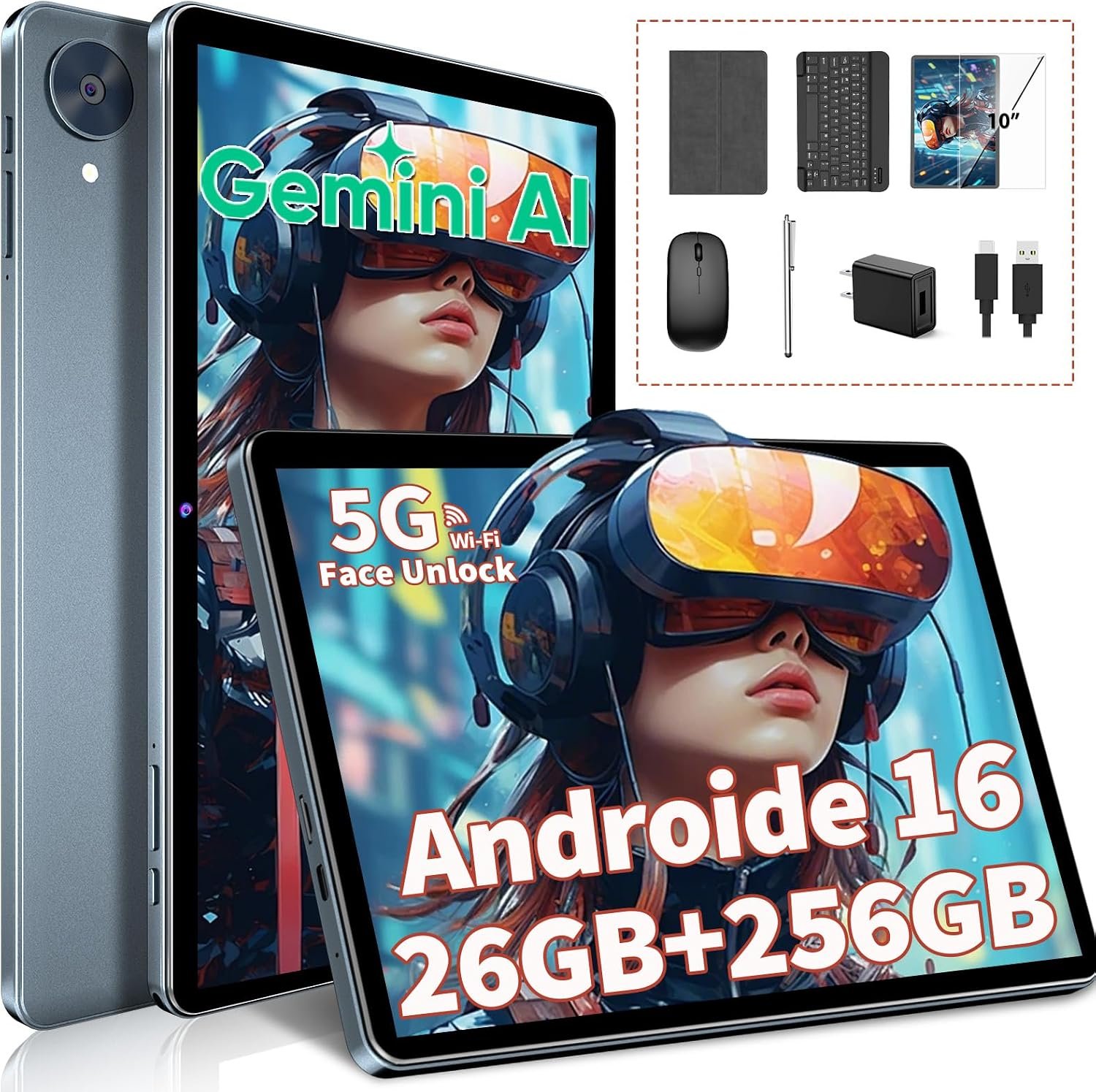 Android Tablet with Keyboard, 10 inch Android 16 Tablet, 26GB+256GB+2TB Expand, 2026 Gemini AI Tablet PC with 8-Core, 5G WiFi, 8000mAh, GPS, Electronic 2 in 1 Tablet with Case, Mouse, Stylus (Silver)
