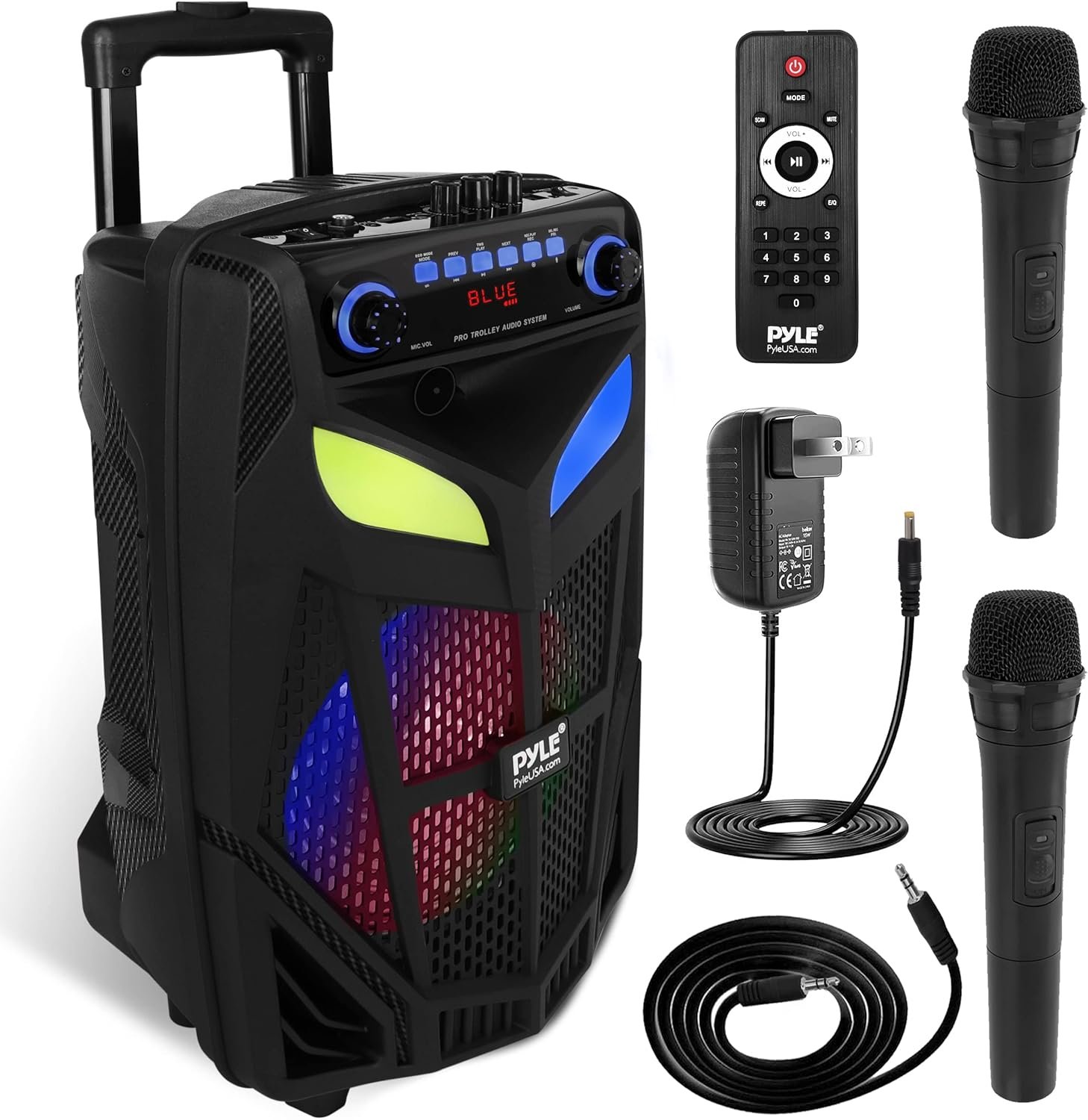 Portable Bluetooth PA Speaker System – 600W 10” Outdoor BT Speaker – Includes 2 Wireless Microphones, Party Lights, USB SD Card Reader, FM Radio, Rolling Wheels – Remote Control – Pyle PPHP101WMB