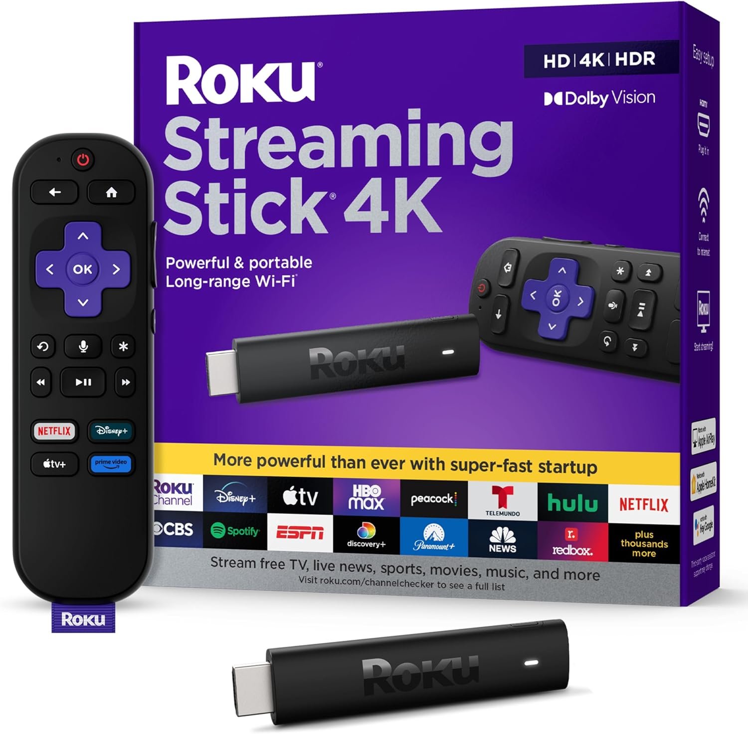 Roku Streaming Stick 4K with Voice Remote – HDR10+ & Dolby Vision | Compact 4K Streaming Device for TV with Roku Voice Remote & Long-Range Wi-Fi – Free & Live Local News, Sports