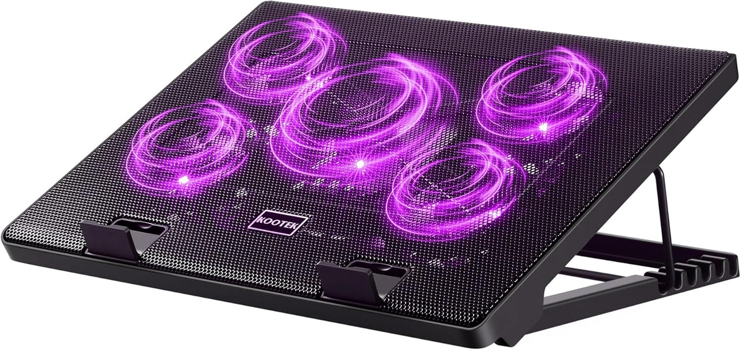 Kootek Laptop Cooling Pad, Laptop Cooler with 5 Quiet Fans for 12″-17″ Computer PC Notebook Gaming Laptop Fan, Height Adjustable Laptop Cooling Stand Laptop Accessories (Purple)