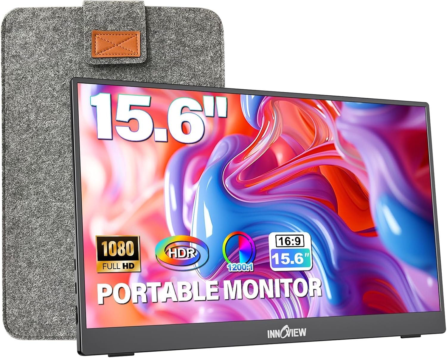 InnoView Portable Monitor 15.6″ 1080P for Laptop with Protective Sleeve, Built-in 90° Adjustable Stand USB C HDMI Ultra-Slim Portable Laptop Monitor for MacBook Phone PS Xbox Switch