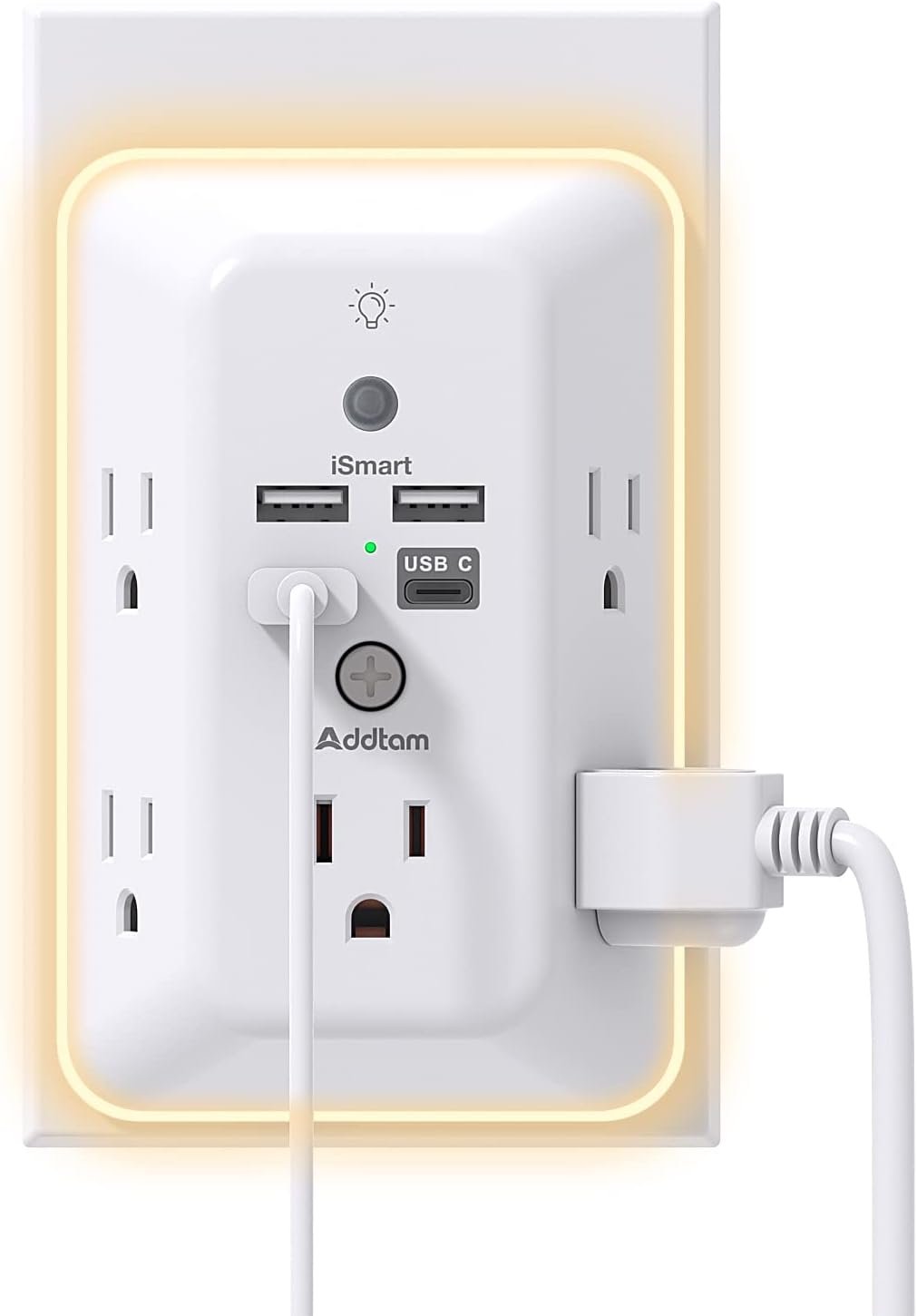 Addtam Surge Protector, 5 Outlet Extender with Night Light and 4 USB Ports | Multi Plug Wall Outlet, Electrical Outlet Splitter, 3-Sided 1050J Power Strip for Home Office College Dorm Room RV Essentials