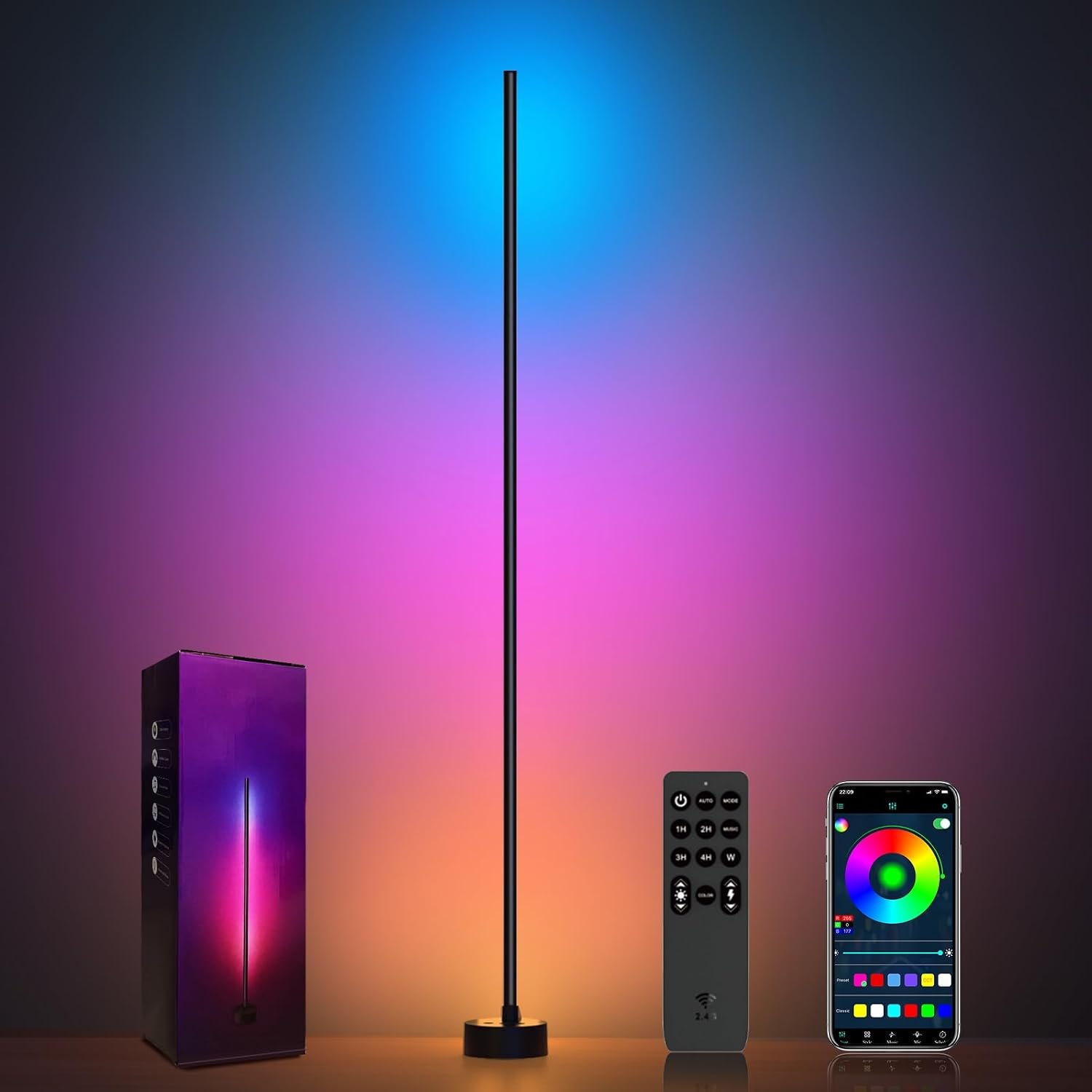 Miortior Corner Floor Lamp – Smart RGB LED Corner Lamp with App and Remote Control, 16 Million Colors & 68+ Scene, Music Sync, Timer Setting – Ideal for Living Rooms, Bedrooms, and Gaming Rooms
