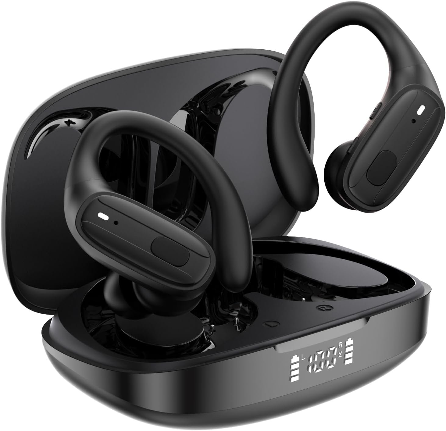 LEEMC 80hr Playtime Bluetooth Headphon ES with Over Ear Hooks, Led Battery Display, Sweat Resistant, Suitable for Workout, Ebony