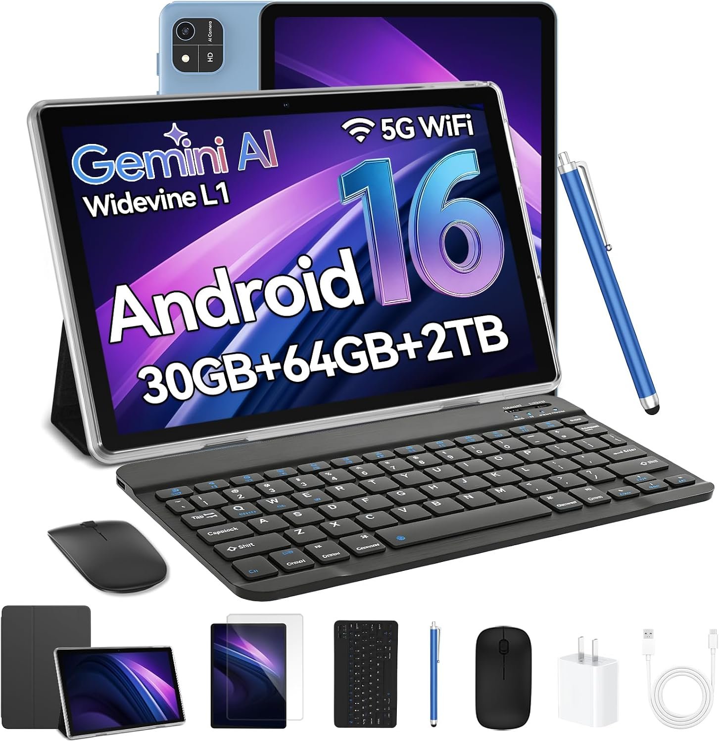 Android 16 Tablet, 10 Inch Tablets with Keyboard, Octa-Core CPU, 2 in 1 Tablet with Gemini AI, Face Unlock, 18W Fast Charger, 30GB+64GB+2TB Expand, 5G WiFi, Tablets PC with Case, Mouse, Stylus (Blue)
