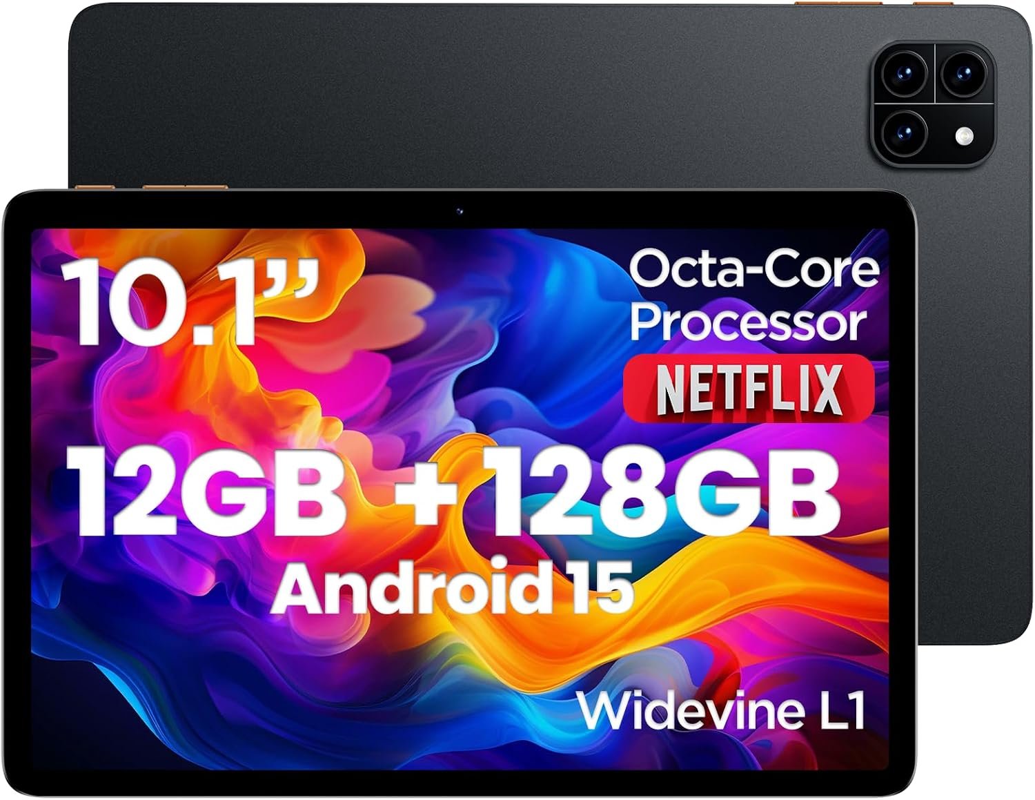 10 Inch Tablet, Android 15 Tablets, 12GB RAM 128GB ROM, Octa-core Processor, IPS HD Display, Widevine L1, WiFi 6 & Bluetooth 5.4, Dual Cameras, Dual Speakers, 6000mAh Battery