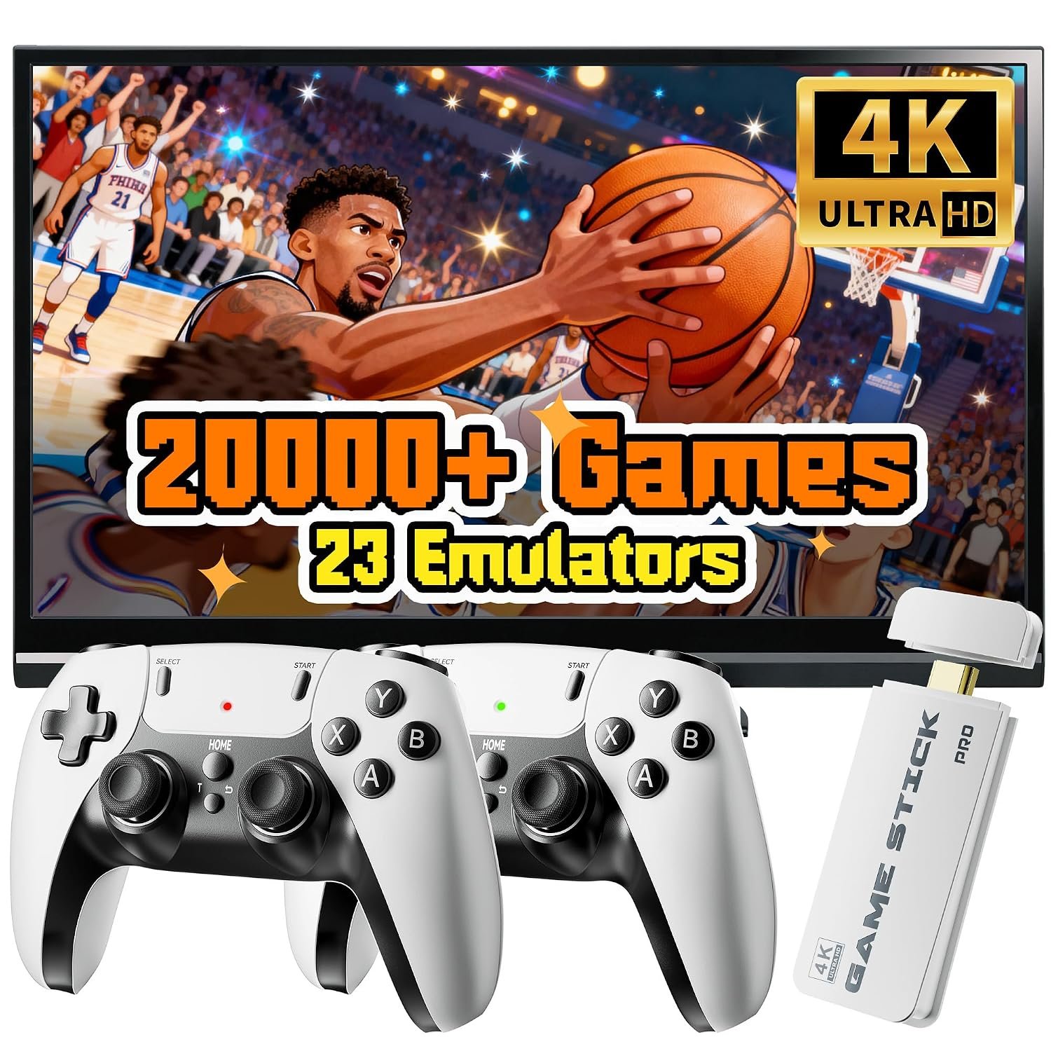 2026 New Retro Gaming Console Stick Pro, Classic Video Games with 4K HDMI, Built-in 23 Emulators, 20000+ Games, Plug & Play TV Video Gaming Stick with Dual 2.4G Wireless Controllers(64GB)