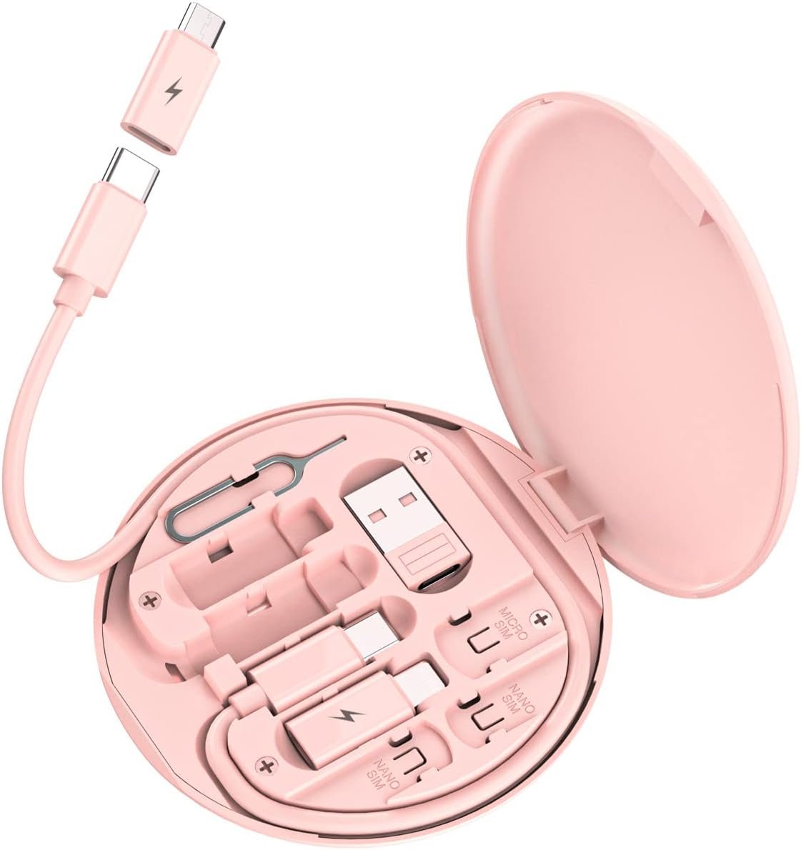 Multi USB Charging Adapter Cable Kit, USB C to iOS Adapter for Travel , Conversion Set USB & USB C to Male Micro /USB C/iOS Adapter, Data Transfer, Card Storage, Tray Eject Pin, Phone Holder (pink)