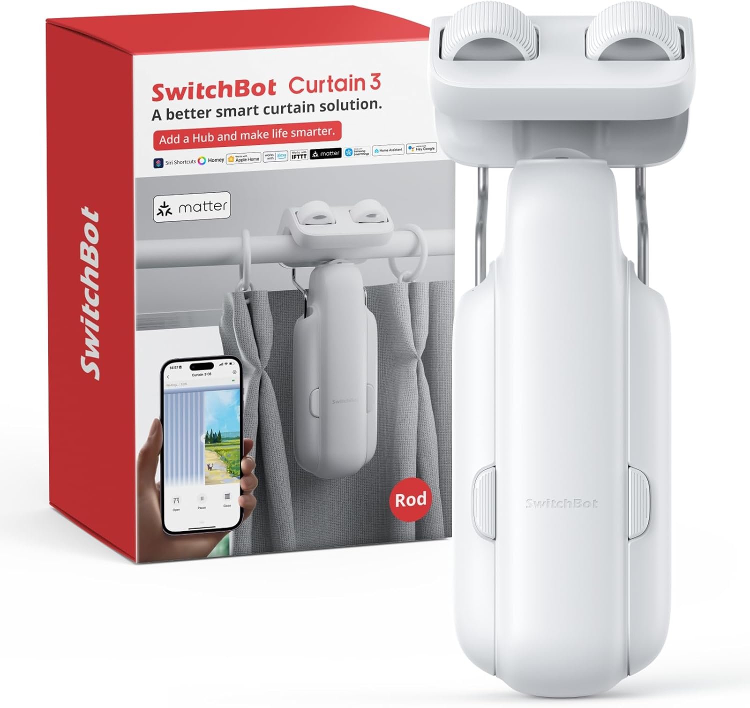 SwitchBot 2025 Automatic Curtain Opener 3 Rod-Bluetooth Control, WiFi&APP Control, Upgraded High-Performance, Add Hub to Work with Alexa, Google Home, HomeKit via Matter